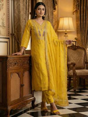 Yellow embroidered silk blend kurta trouser dupatta set 4