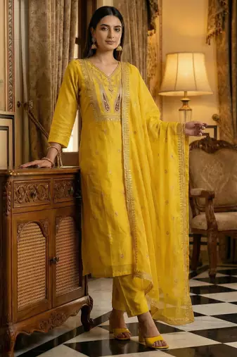 Yellow embroidered silk blend kurta trouser dupatta set