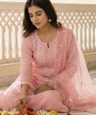 Pink embroidered silk blend kurta trouser dupatta set 1