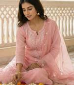 Pink embroidered silk blend kurta trouser dupatta set