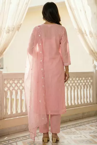 Pink embroidered silk blend kurta trouser dupatta set