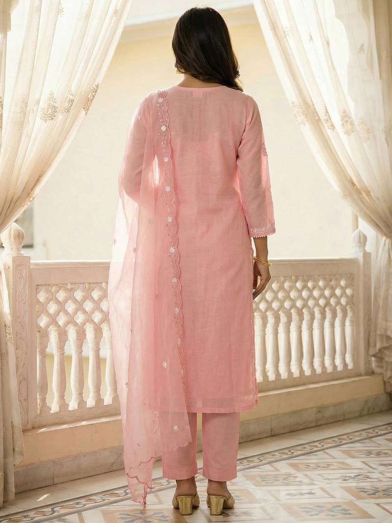 Pink embroidered silk blend kurta trouser dupatta set