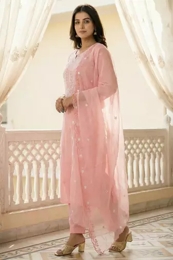 Pink embroidered silk blend kurta trouser dupatta set
