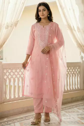 Pink embroidered silk blend kurta trouser dupatta set