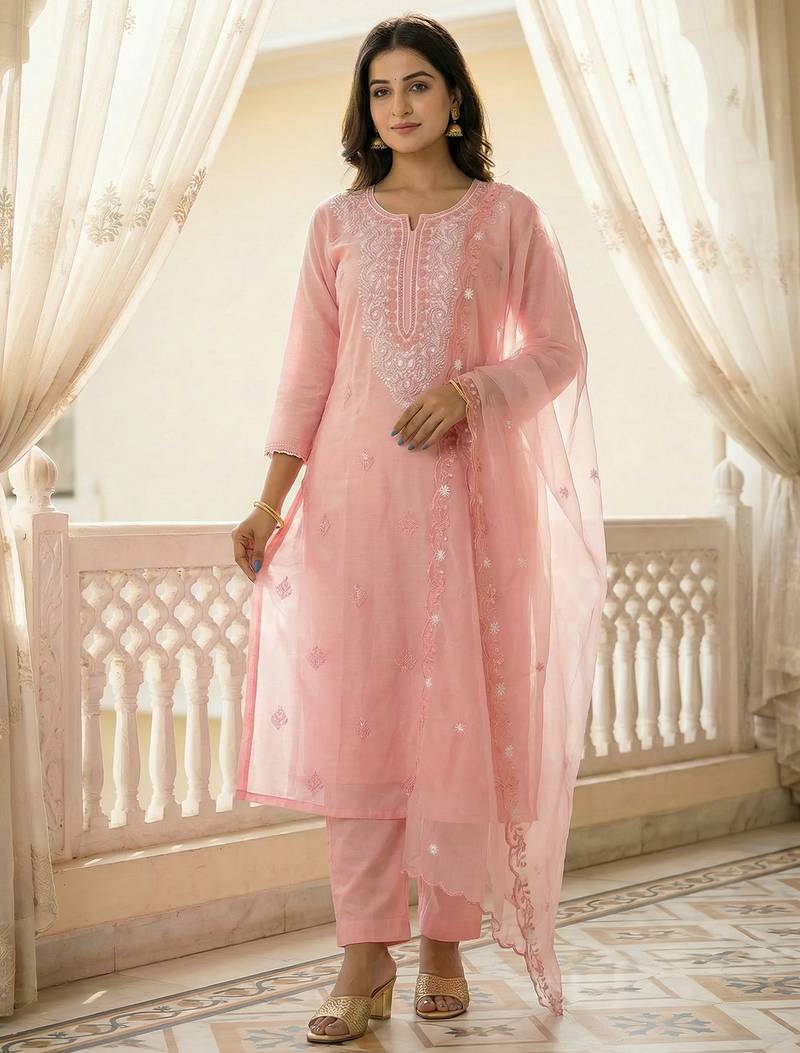 Pink embroidered silk blend kurta trouser dupatta set