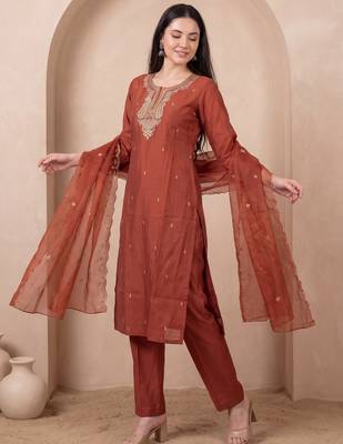 Orange embroidered silk blend kurta trouser dupatta set 1