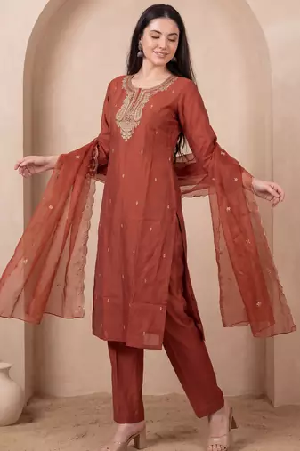 Orange embroidered silk blend kurta trouser dupatta set