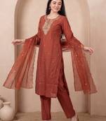 Orange embroidered silk blend kurta trouser dupatta set