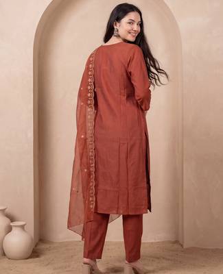 Orange embroidered silk blend kurta trouser dupatta set 2