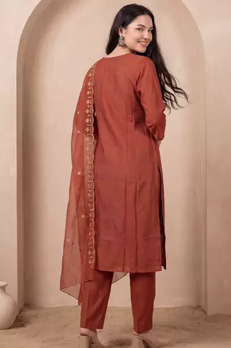 Orange embroidered silk blend kurta trouser dupatta set