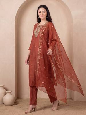 Orange embroidered silk blend kurta trouser dupatta set 3