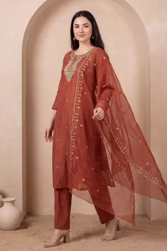 Orange embroidered silk blend kurta trouser dupatta set