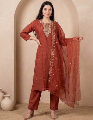 Orange embroidered silk blend kurta trouser dupatta set 4