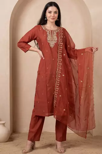 Orange embroidered silk blend kurta trouser dupatta set