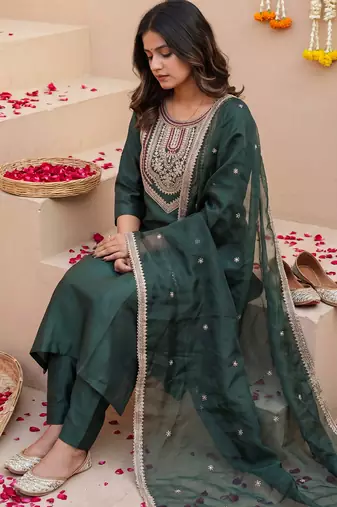 Green embroidered liva kurta trouser dupatta set