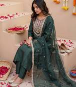 Green embroidered liva kurta trouser dupatta set