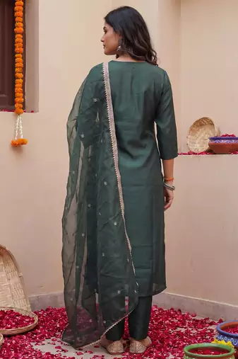 Green embroidered liva kurta trouser dupatta set