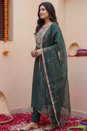 Green embroidered liva kurta trouser dupatta set