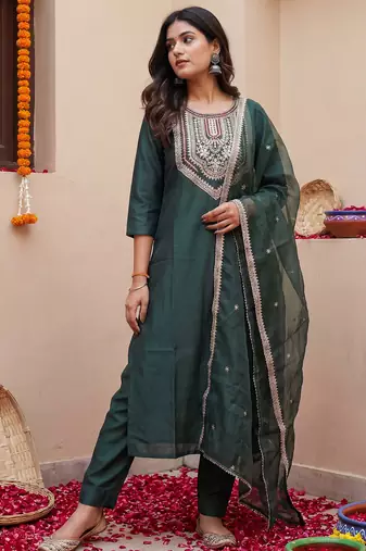 Green embroidered liva kurta trouser dupatta set