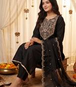 Black embroidered silk blend kurta trouser dupatta set