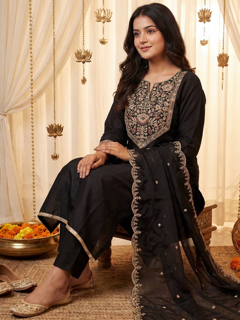 Black embroidered silk blend kurta trouser dupatta set