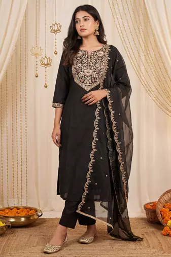 Black embroidered silk blend kurta trouser dupatta set
