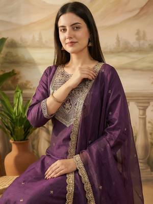 Purple embroidered liva kurta trouser dupatta set 2