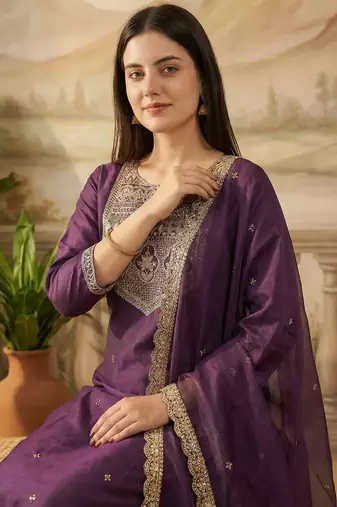 Purple embroidered liva kurta trouser dupatta set