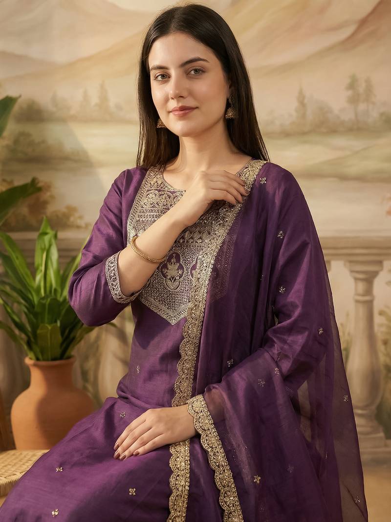 Purple embroidered liva kurta trouser dupatta set