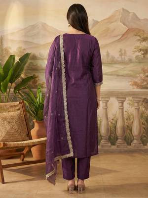 Purple embroidered liva kurta trouser dupatta set 3