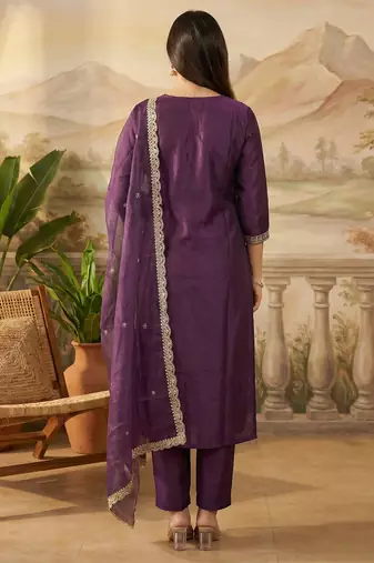 Purple embroidered liva kurta trouser dupatta set