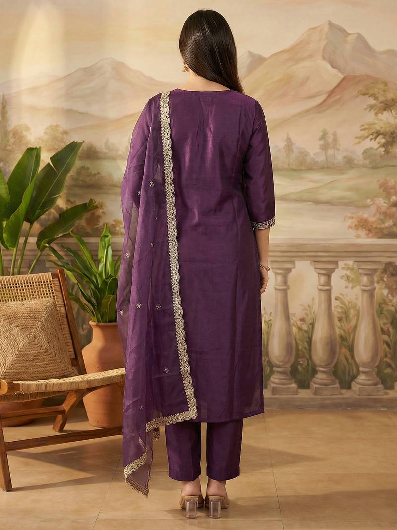 Purple embroidered liva kurta trouser dupatta set