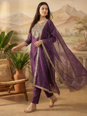 Purple embroidered liva kurta trouser dupatta set 1