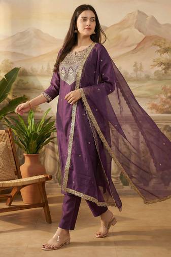 Purple embroidered liva kurta trouser dupatta set