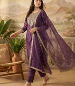 Purple embroidered liva kurta trouser dupatta set