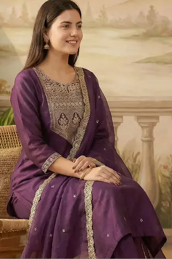 Purple embroidered liva kurta trouser dupatta set