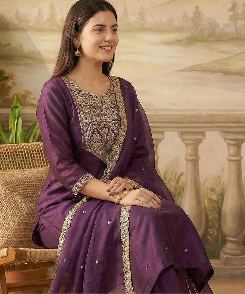 Purple embroidered liva kurta trouser dupatta set