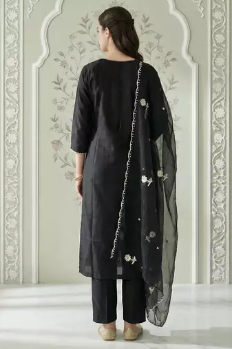 Black embroidered silk blend kurta trouser dupatta set