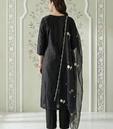 Black embroidered silk blend kurta trouser dupatta set