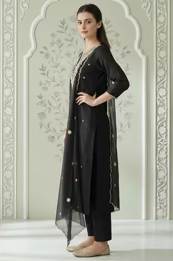 Black embroidered silk blend kurta trouser dupatta set