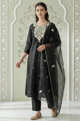 Black embroidered silk blend kurta trouser dupatta set