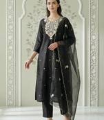 Black embroidered silk blend kurta trouser dupatta set