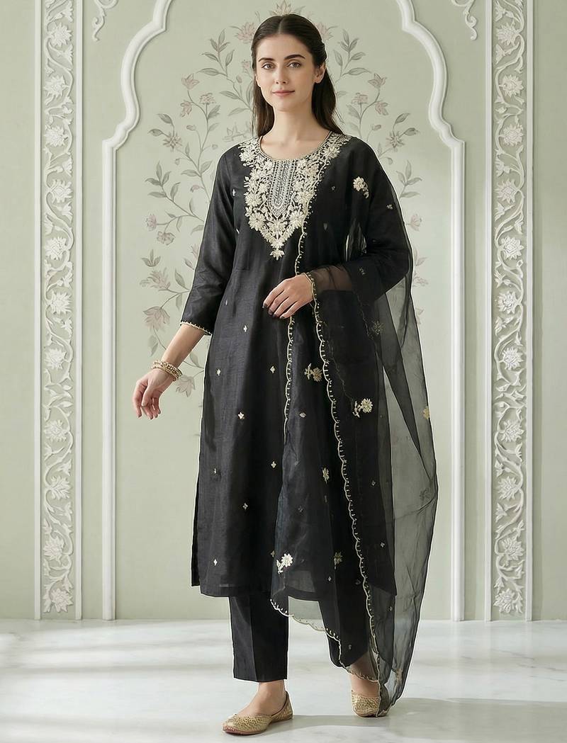 Black embroidered silk blend kurta trouser dupatta set
