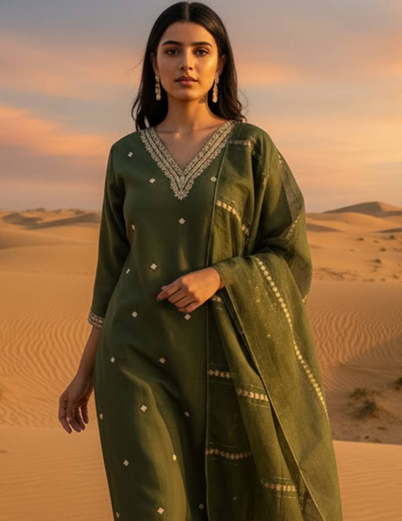 Green embroidered silk blend kurta trouser dupatta set