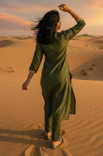 Green embroidered silk blend kurta trouser dupatta set