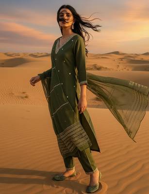Green embroidered silk blend kurta trouser dupatta set 3