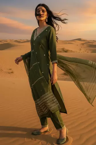 Green embroidered silk blend kurta trouser dupatta set