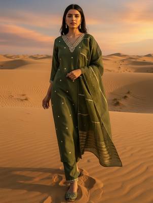 Green embroidered silk blend kurta trouser dupatta set 4