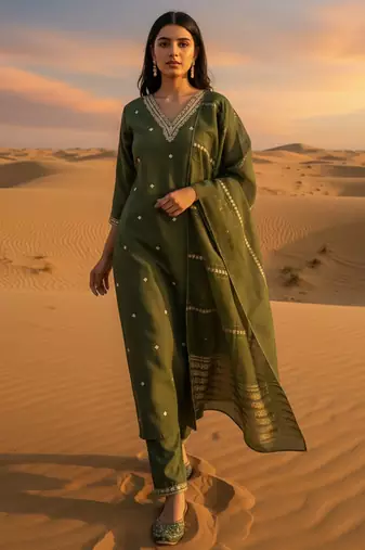 Green embroidered silk blend kurta trouser dupatta set