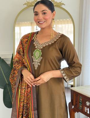 Olive embroidered silk blend kurta trouser dupatta set 1